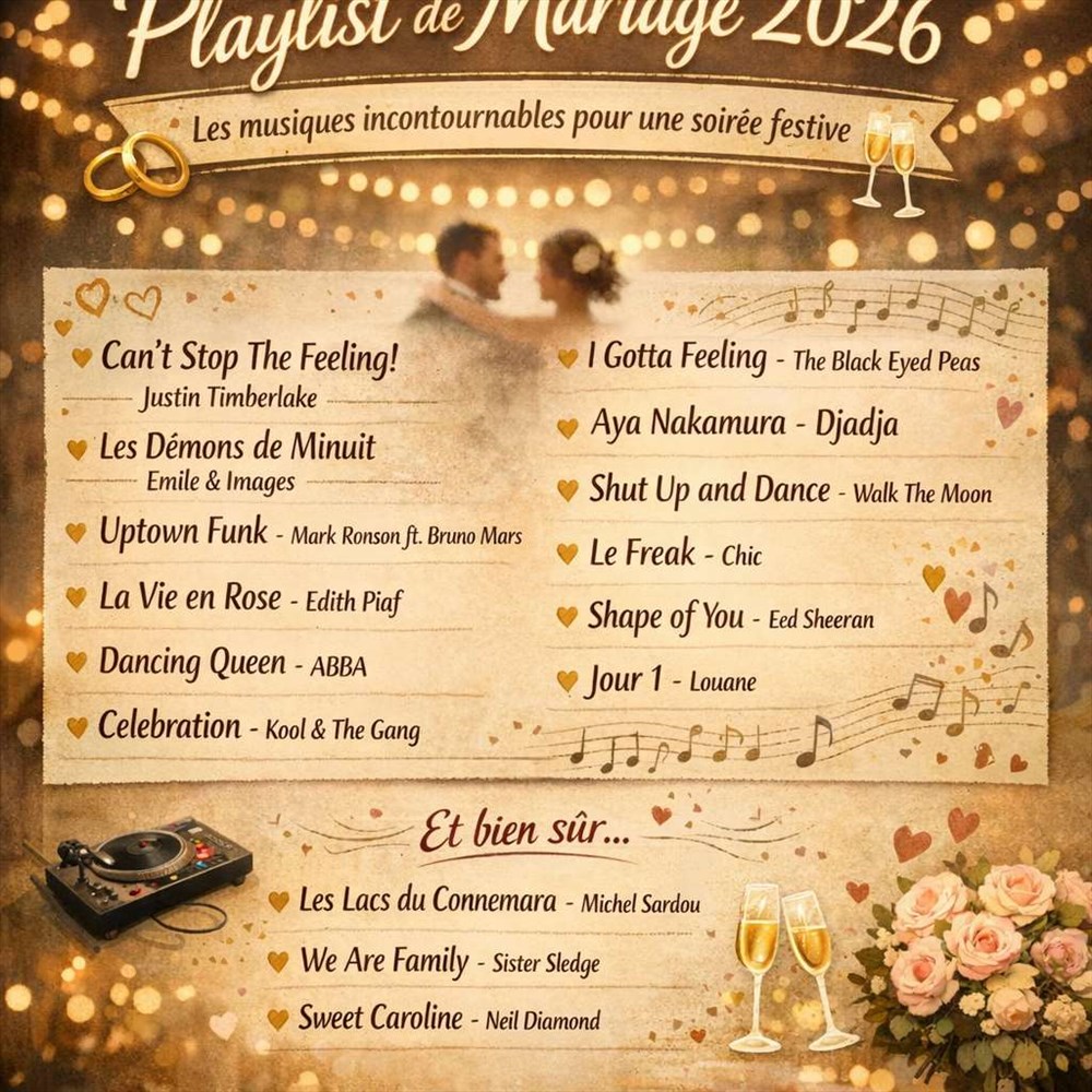 Playlist mariage 2026 : musiques festives incontournables